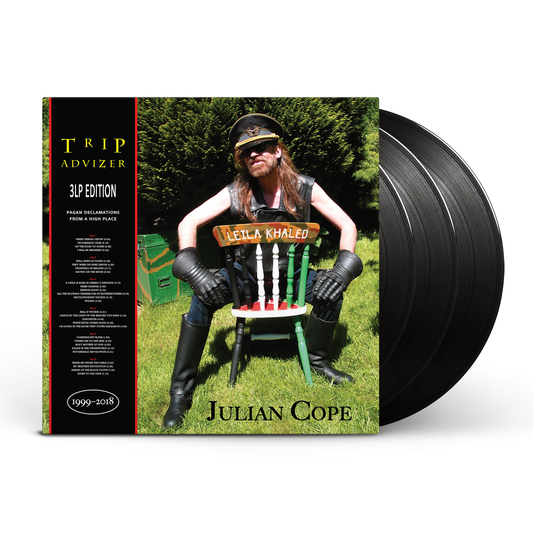 Julian Cope 'Trip Advizer' 3LP vinyl record album, 1999-2018 edition. The image shows the album cover sleeve on the left and the black vinyl records partially visible on the right, set against a plain white background.