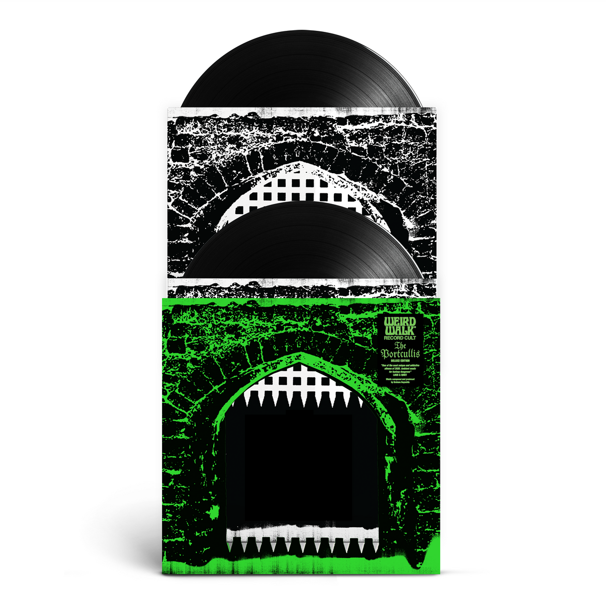 A vinyl record partially pulled from its sleeve, showing a black record and a sleeve with a black-and-white arch illustration and bright green lower section on a white background.